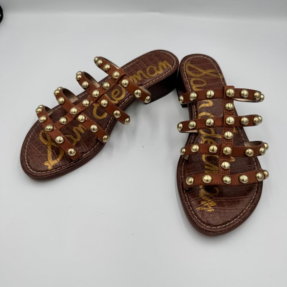 Sam Edelman Juniper Studded Gladiator Slide Sandal Brown Leather Gold 8.5 38.5 - Picture 11 of 15
